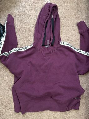 Calvin Klein Plum Scoop-Neck Hoodie with Logo Shoulder Tape